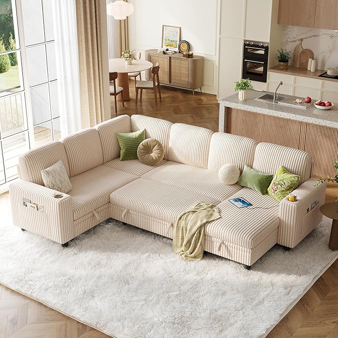 LINSY HOME Sectional Sofa with Pull Out Bed, 6 Seats Corduroy Reversible Sleeper Sofa with Storage Seats & Chaises, USB Ports, Cup Holders, Side Pocket, Sectional Couches for Living Room, Beige | Plush corduroy, Pull out couch, Foam, Sturdy structure