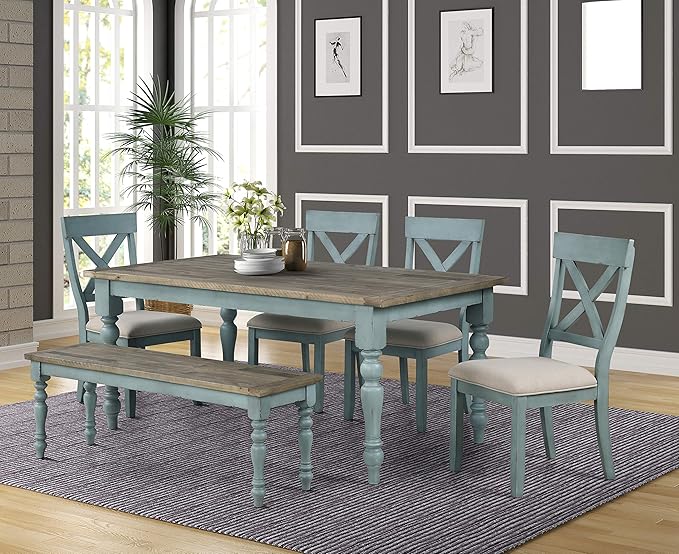 Roundhill Furniture Prato 6-Piece Dining Set, Dining Table with 4 Cross Back Chairs and Bench, Antique Blue and Distressed Walnut Finish