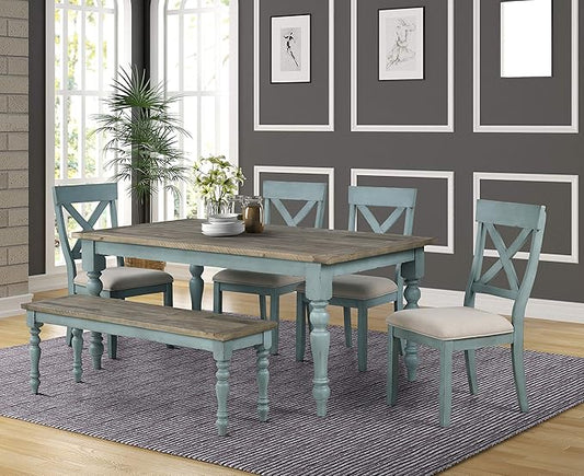 Roundhill Furniture Prato 6-Piece Dining Set, Dining Table with 4 Cross Back Chairs and Bench, Antique Blue and Distressed Walnut Finish