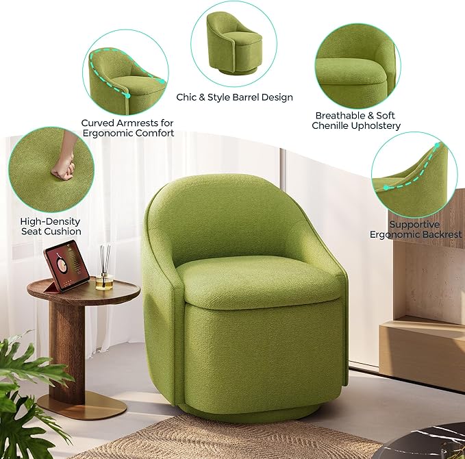LINSY Swivel Accent Chair Set of 2, Comfy Chenille Barrel Chairs with Storage 360 Swivel Modern Armchair for Living Room Bedroom, Small Boucle Reading Chair for Study Room (Green)