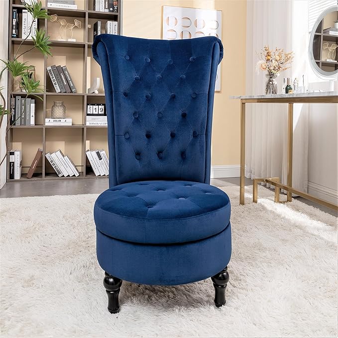 Royal High-Back Velvet Accent Chair for Vanity with Storage and Luxurious Upholstery, Retro Design and Versatile Usage for Living Room, Bedroom, Lounge and Office, Dark Blue