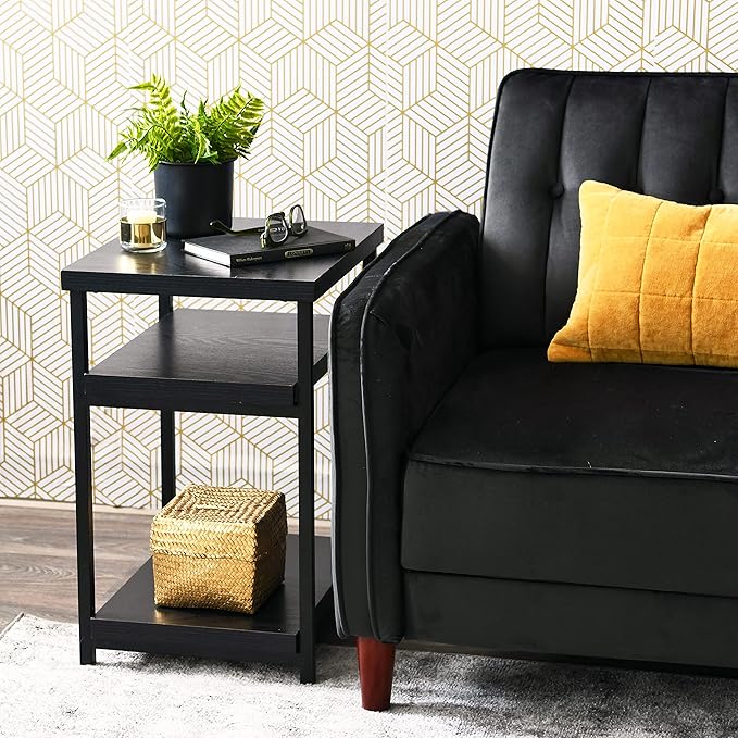 Household Essentials Jamestown Rectangular Side End Table with Storage Shelves Black Oak Wood Grain and Black Metal