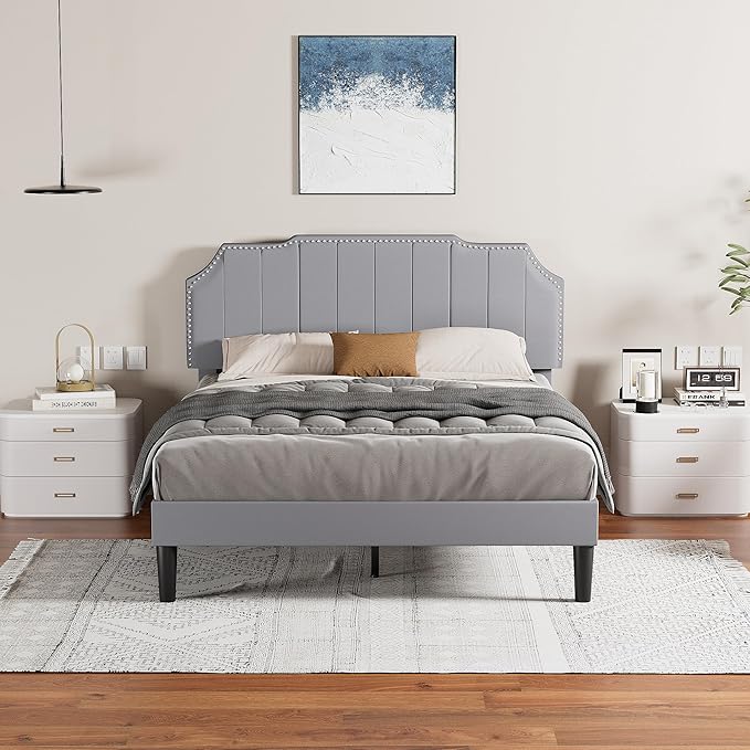 VECELO Queen Bed Frame Upholstered Platform with Tufted Adjustable Headboard/Mattress Foundation/Wood Slat Support,Easy Assembly,Dark Grey