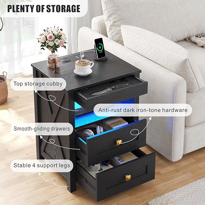 Farmhous Nightstand with Gun Drawer,Bedside Table with Charging Station, Gun Night Stand with LED Light & Human Sensor,Smart End Table for Bedroom, Black