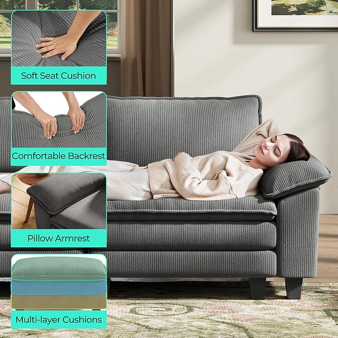 LINSY HOME Modular Sectional Sofa - 123 Inch Oversized Corduroy Cloud Couch with Movable Ottoman Soft Modern Comfy Sofa Set for Living Room Apartment Office, Grey