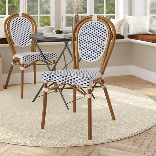 Flash Furniture Lourdes Indoor/Outdoor Commercial Thonet Bistro Stack Chair - White/Navy PE Rattan Back and Seat - Natural Bamboo Print Metal Frame