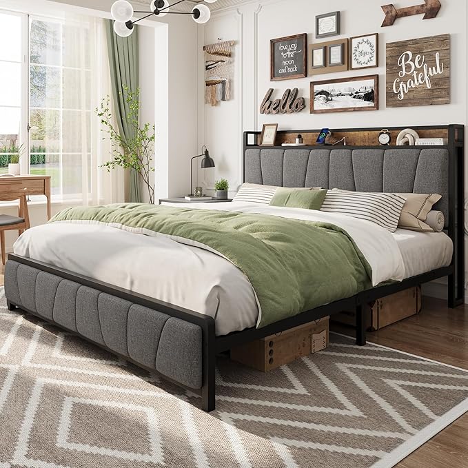 GAOMON King Size Bed Frame with 2 Storage Drawers and Charging Station, Rustic Linen Upholstered Platform Bedframe with Storage Headboard, No Box Spring Needed, Easy Assembly, Noise Free, Grey