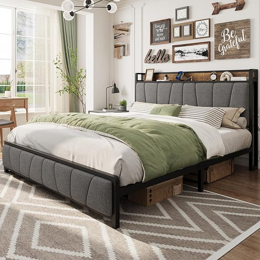 GAOMON King Size Bed Frame with 2 Storage Drawers and Charging Station, Rustic Linen Upholstered Platform Bedframe with Storage Headboard, No Box Spring Needed, Easy Assembly, Noise Free, Grey