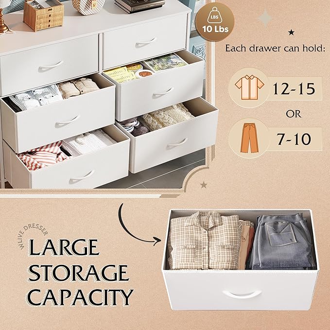 WLIVE Wide Dresser with 6 Fabric Drawers, TV Stand for 50" TV, Closet Dresser with Metal Frame, Wooden Top, Fabric Dressers for Bedroom, Closet, Hallway, Living Room, Entryway, White