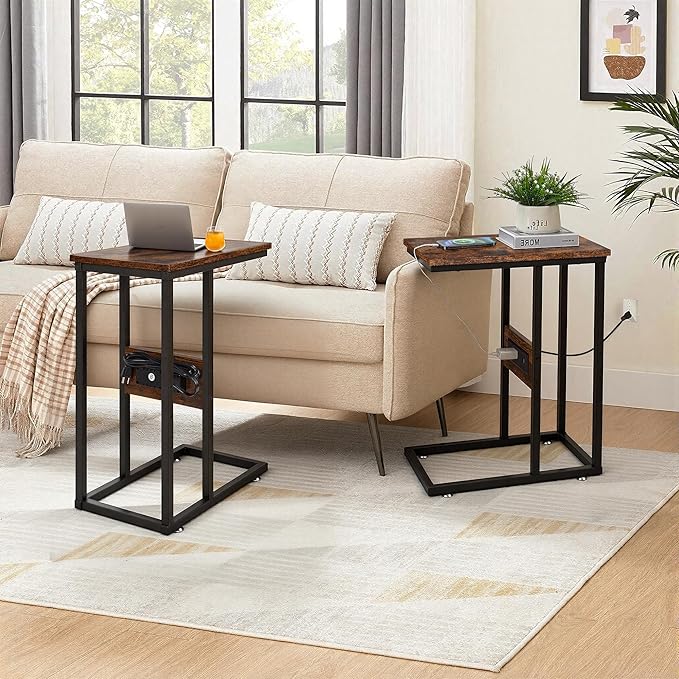 VECELO C-Shaped End Side Table with Charging Station & 2 USB Ports and Outlets for Living Room, Bedroom, with Adjustable Feet for Couch Sofa, Bedside, Small Spaces， Brown