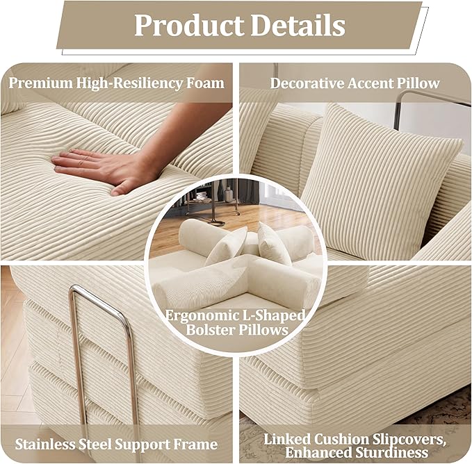 Convertible Compressed Corduroy Folding Cloud Sofa Bed, 59'' Modern Boneless Pull Out Loveseat Sleeper in a Box, 5 in 1 Floor Mattress Futon Cloud Couch, No Assembly Needed, Beige, 2 Pillows, Queen