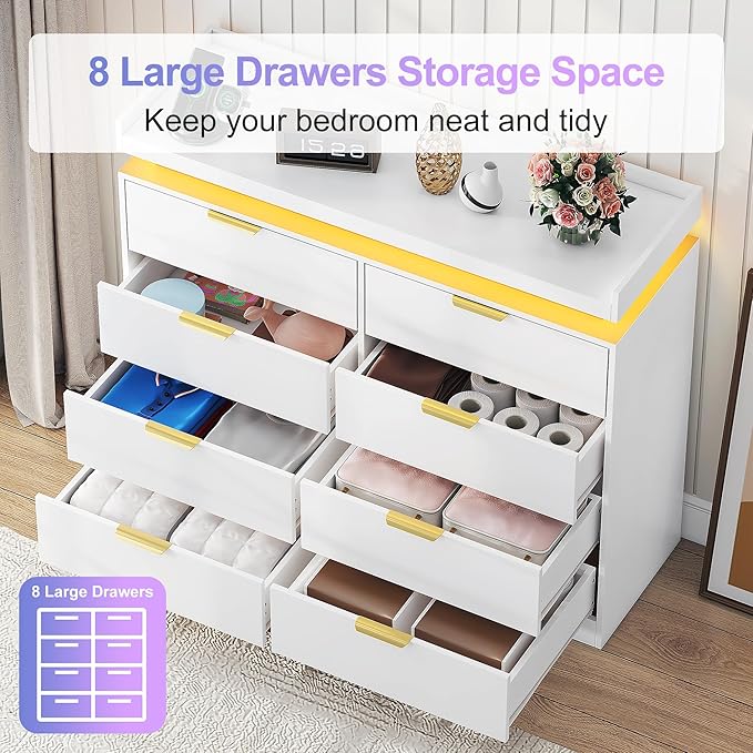 8 Drawer Dresser for Bedroom, White Dresser with LED Lights and Power Outlet, Wooden Dressers Chests of Drawers, Double Wide Dressers for Bedroom, Entryway, Hallway