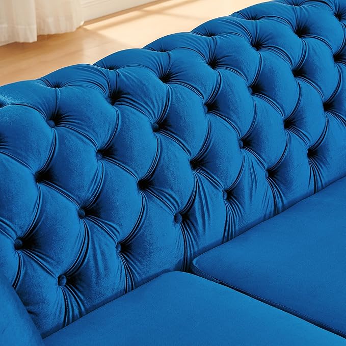 KEIKI 106" L-Shaped Luxury Velvet Chesterfield Sectional Sofa with Gold Stainless Steel Accents and 5 Pillows, Mid-Century Oversized 5-Seater Button Tufted Couch, Easy Assembly, for Living Room, Blue