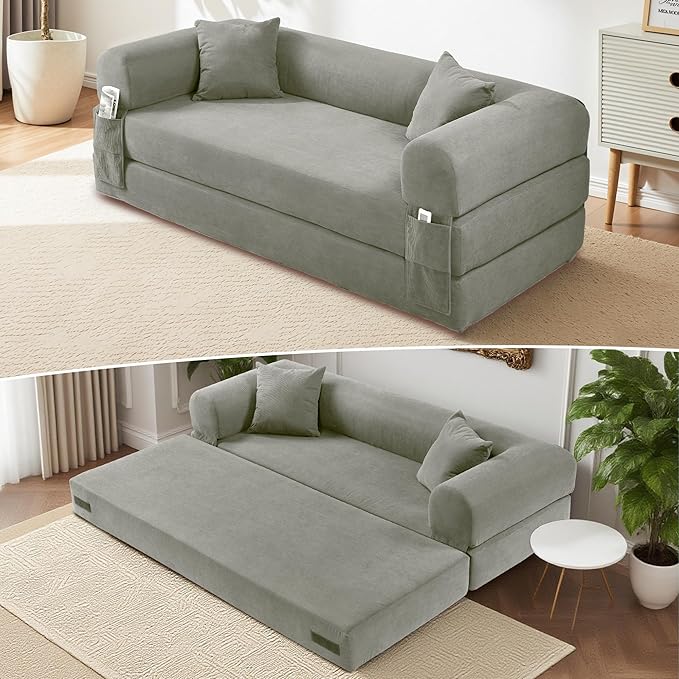 80" Convertible Sofa Bed, Corduroy Deep Seat Folding Pull Out Couch with Pillows, No Assembly Modern Boneless Couch Compression Sofa in Box, Floor Sofa with Storage Pocket for Living Room,Light Grey