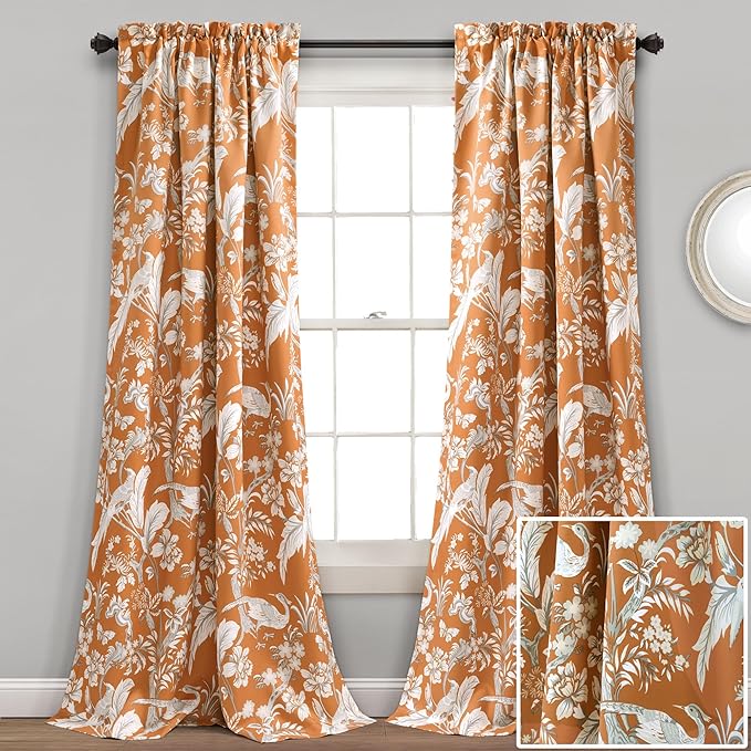 Lush Decor Dolores Light Filtering Window Panels, Pair, 52" W x 84" L, Orange - Floral Curtains for Bedroom - Vintage Curtains - Coquette Room Decor