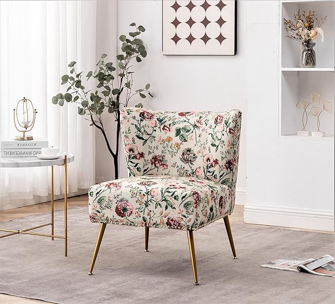 Thia Armless Accent Chair for Living Room, Elegant Seat with Nailhead Trim, Gold Metal Legs and Comfortable Curved Back, 28" D x 25" W x 29.5" H, 03 Floral Print