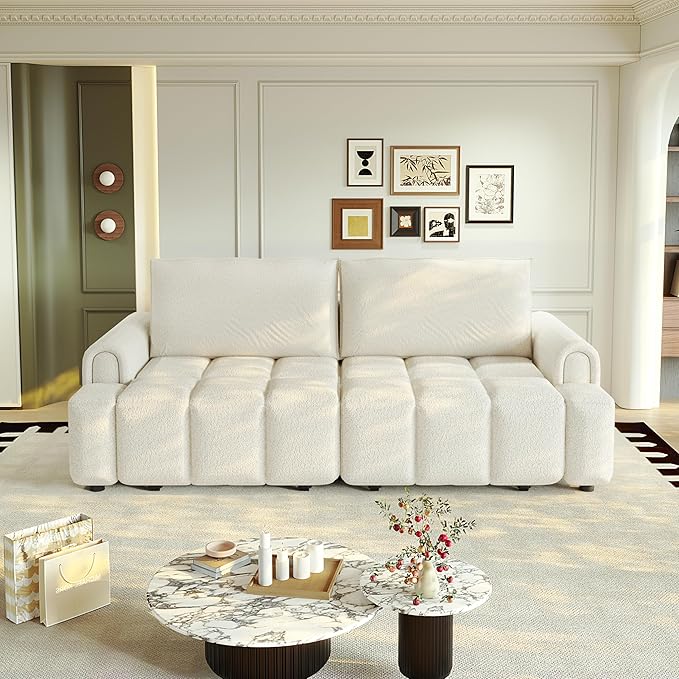 KEIKI 90.2" 4-Seater Modern Convertible Sofa Bed – Teddy Fabric Couch with Storage Seats, King Size 3-in-1 Sleeper Sofa for Living Room, Recliner Couch, Comfortable Sofa Bed for Families & Guests