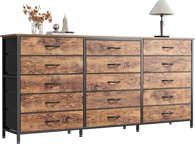 PRAISUN 63 Inch Long Dresser TV Stand for 65, 70 Inch TV, 15 Drawer Dresser for Closet, Bedroom, Large Fabric Drawers, Entryway Hallway Chest of Drawers, Wooden Top, Media Console, Rustic Brown