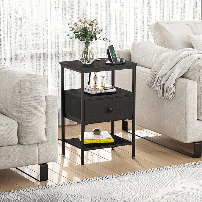VECELO Side Tables with Charging Station,Nightstand with Storage Shelf&Fabric Drawer,Bedside Tables for Bedroom,Living Room,Small Spaces,Black