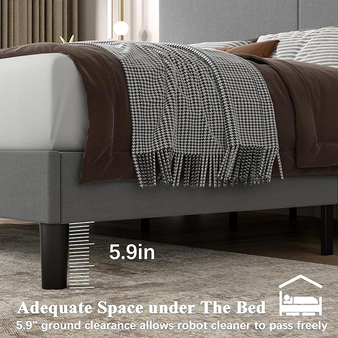 VECELO Queen Bed Frame Upholstered with Charging Station, Height-Adjustable Headboard, Wooden Slat Support, No Box Spring Needed, Easy Assembly, Dark Grey
