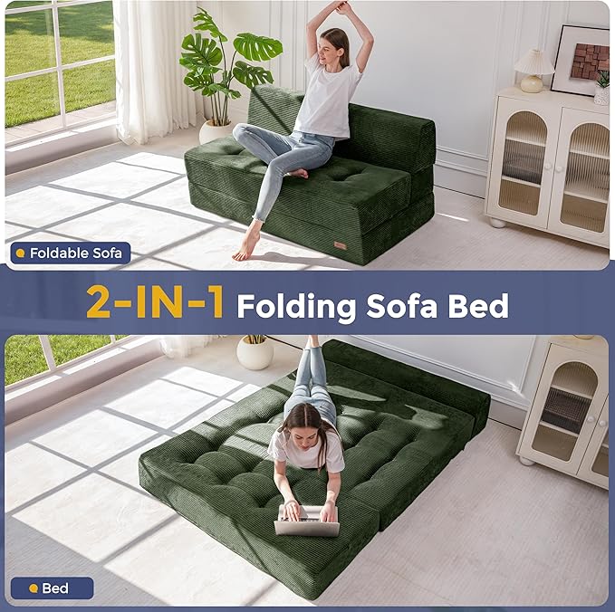 MAXYOYO 8" Folding Sofa Bed, Convertible Sleeper Sofa Lounger Foldable Mattress, Wedge Shape Floor Couch Tufted Fold Out Chair Bed Comfy Floor Couch Lounge for Living Room, Loveseat, Dark Green