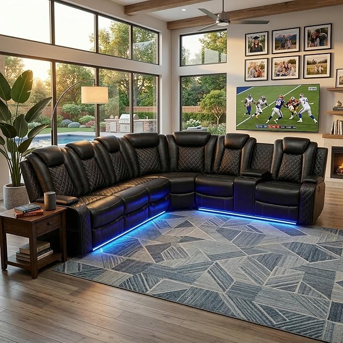 Power Reclining Curved Sectional Sofa for Living Room, Black Leather Home Theater Recliner Couch with LED Lights, Wireless Charging, Cup Holders & Storage Console