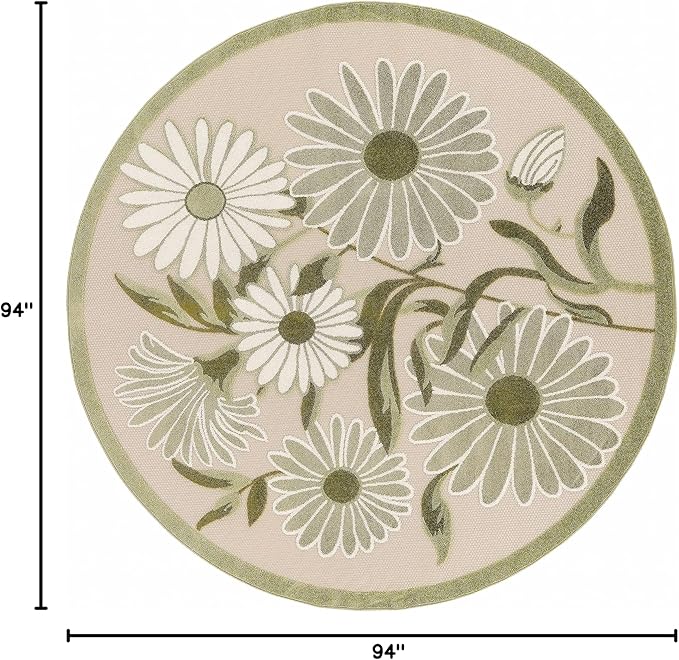 Nourison Home Aloha Ivory Green 7'10" x Round Area Rug - Easy Clean, Non Shedding, Bed Room, Living Room, Dining Room, Kitchen (8' x Round)