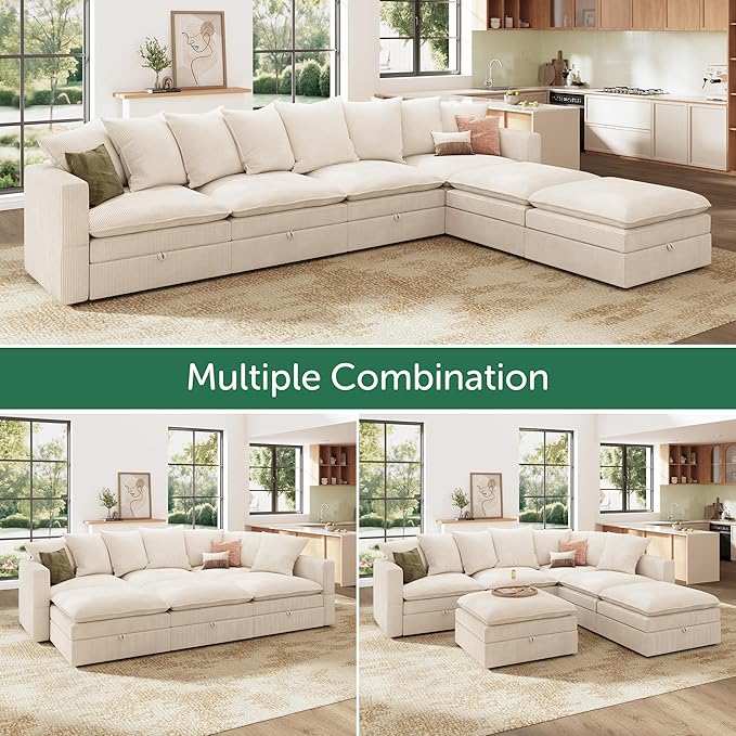 HONBAY Modular Sectional Sofa, 137 Inch U Shaped Corduroy Couch with Storage, Convertible Sectional Sofa with Deep Seat, Beige