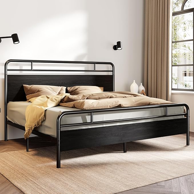 SHA CERLIN King Size Bed Frame with Vintage Industrial Wood Headboard, Heavy Duty Metal Platform with 12" Under-Bed Storage, Mattress Foundation, No Box Spring Needed, Noise-Free, Easy Assembly, Black
