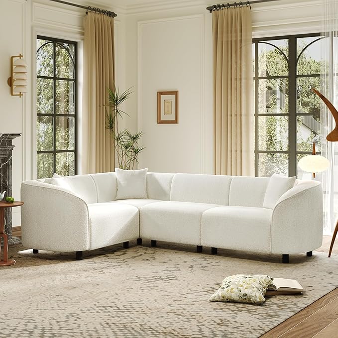 Merax 104" L-Shaped Curved Sofa, Comfy Upholstered Sectional Couch with Extra Deep Seats, Boucle Sofa for Living Room Apartment Office, Beige