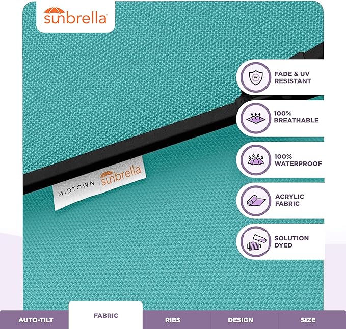Midtown Umbrellas - The Lean 8 Ft Patio Umbrella with Fade-Resistant Sunbrella Fabric, Auto-Tilt Aluminum Frame and 8 Reinforced Ribs for Deck, Pool & Garden - Aruba Canopy, Black Pole