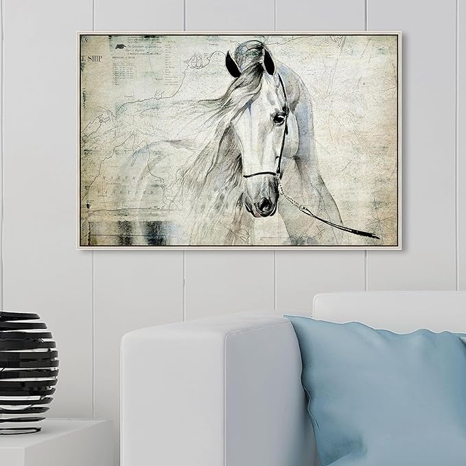 Country Farmhouse Canvas Print Painting Animal Wall Art 'Southern White Horse' Champagne Framed Canvas Rustic Home Décor 30x20 in Gray, Brown by Oliver Gal