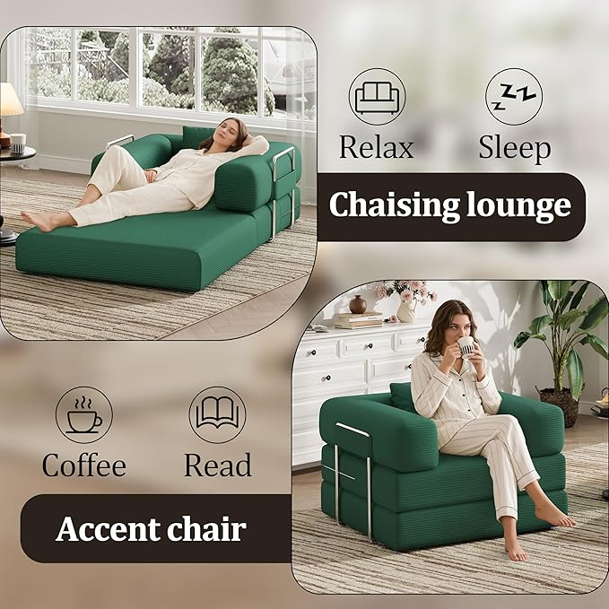 BSHOMGI Folding Sofa Bed, 2 in 1 Convertible Sofas to Lounger Comfy Single Bean Bag Chair Floor Portable Foldable Sleeper Lazy Futon Couch Chair for Bedroom, Living Room (Green, 35.43" Single Sofa)