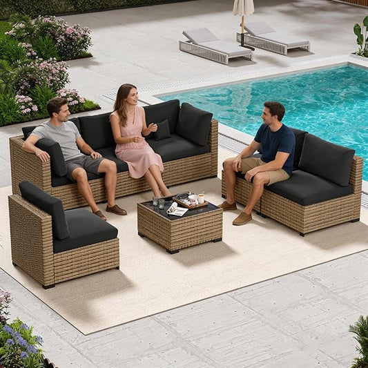 LHBcraft 7 Piece Patio Outdoor Furniture Set, Outdoor Sectional, All-Weather Manual Weaving PE Rattan Wicker Patio Sectional Sofa, Rattan Outside Furniture with Black Cushion and Glass Coffee Table