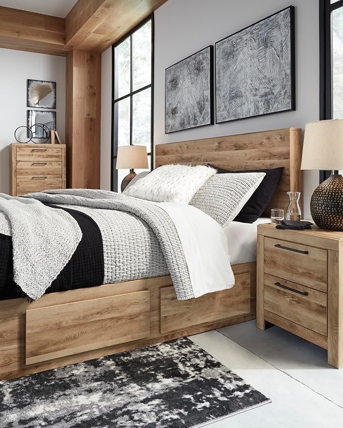 Signature Design by Ashley Hyanna Rustic Contemporary 2 Drawer Nightstand with 2 USB Charging Ports, Wood, 24.37" High, Light Golden Brown Finish