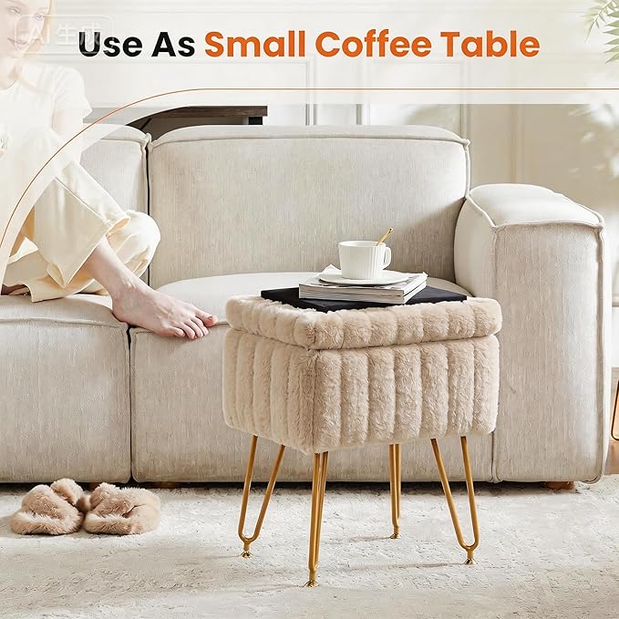 DUMOS Vanity Stool Chair, Ottoman with Storage, Makeup Cute Soft Small Footstool, Modern Style Faux Fur Seat with 4 Metal Legs & Adjustable Feet for Dressing, Living Room Bedroom Dorm, Camel