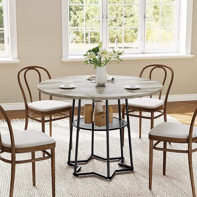 IDEALHOUSE Round Dining Table for 4, 38" Farmhouse Kitchen Table with 17.7" Storage, Small Circle Dinner Tables, Space Saving, Wood Kitchen & Dining Room Furniture for Dining Room, Apartmen, Grey