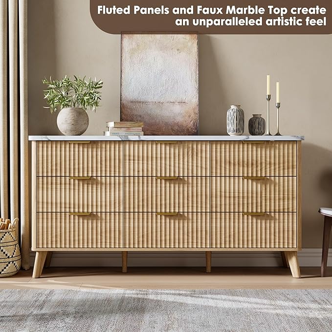 Garvee 9 Drawers Dresser for Bedroom, 60.6" Wide Dressers with Curved Profile Design, Fluted Wood Drawers with Gold Handle, Modern Chest of Dressers with Thickened Design for Living Room, Natural