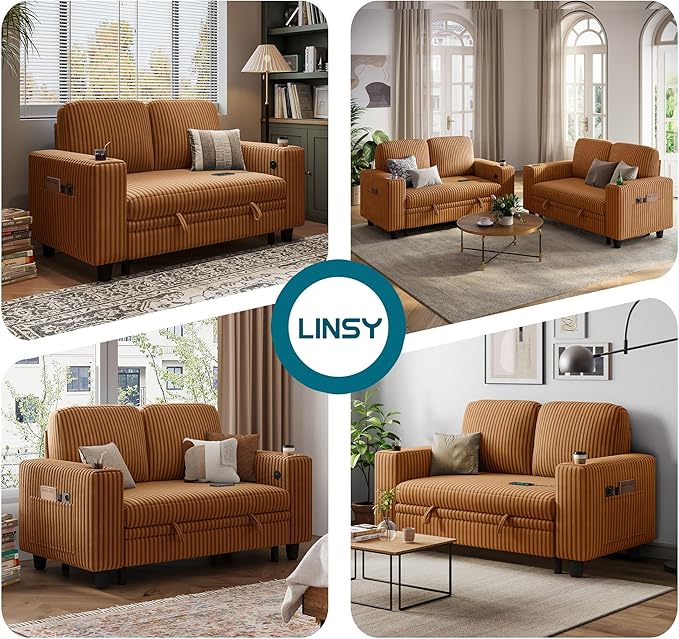 LINSY HOME Sectional Sleeper Sofa Pull Out Couches for Living Room (Brown, Pull Out Couch) | Pull Out Sofa Bed, Storage, USB Charging, Cup Holders, Plush Corduroy | Pull Out Sofa Bed, Storage, USB Charging, Cup Holders, Plush Corduroy