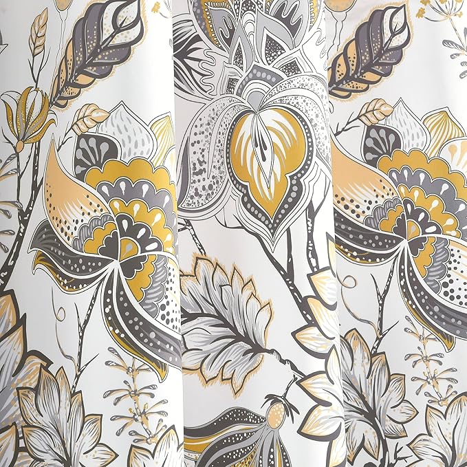 Lush Decor Cynthia Jacobean Light Filtering Window Curtain Panel Pair, 84" L x 52" W, Yellow & Gray