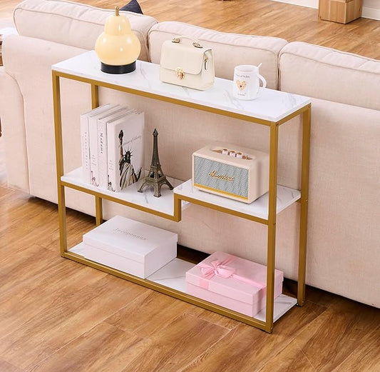 loglus Console Table for Entryway, Faux Marble MDF Sofa Table with Golden Frame (Multilayer, White Marble)