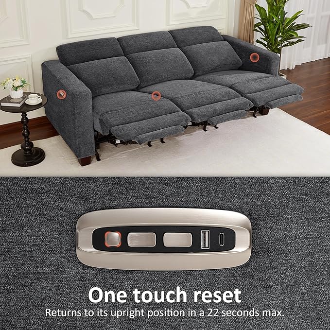 MCombo 88.6'' Reclining Sofa, Wall Hugger Power Recliner Sofa with Adjustable Headrest, USB A & C Charge Ports, Wood Legs, for Living Room (Fabric, HL198M3) (Dark Grey, 3-Seater)