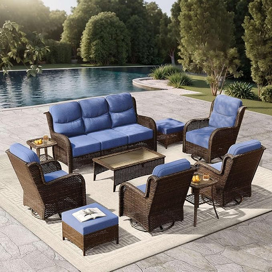 High Back Outdoor Furniture with Extra Thick Cushion Patio Swivel Rocking Chairs, Comfort 3-Seat Sofa, 10PCS Oversized Wicker Conversation Set for Porch, Deck, Yard in Blue