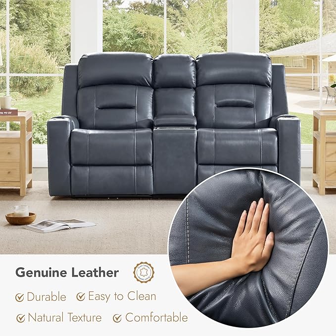 Watson & Whitely Genuine Leather Power Loveseat and Recliner Sofa Set, Lay Flat Reclining Couch with Console, Power Headrest, USB & Wireless Charging, Cup Holders for Living Room, Navy Blue