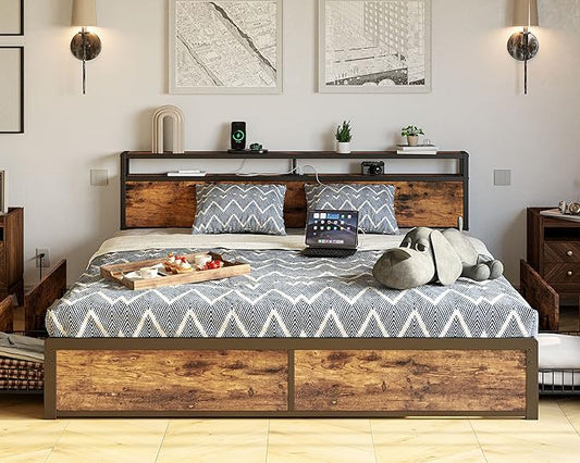 LIKIMIO King Size Bed Frame with 4 Storage Drawers, 2-Tier Storage Headboard with Charging Station, Double Bed Frame King Size for Bedroom, No Box Spring Needed, Easy Assembly, Vintage Brown