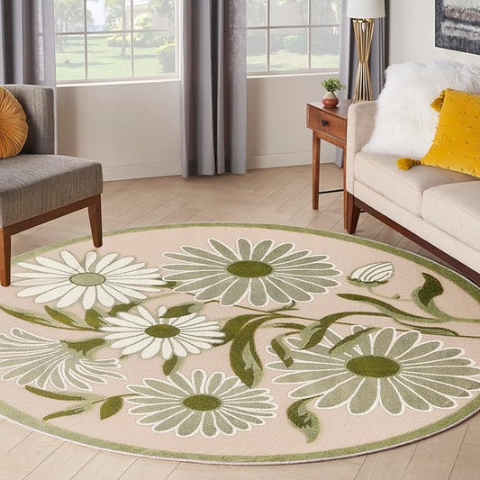 Nourison Home Aloha Ivory Green 5'3" x Round Area Rug - Easy Clean, Non Shedding, Bed Room, Living Room, Dining Room, Kitchen (5' x Round)