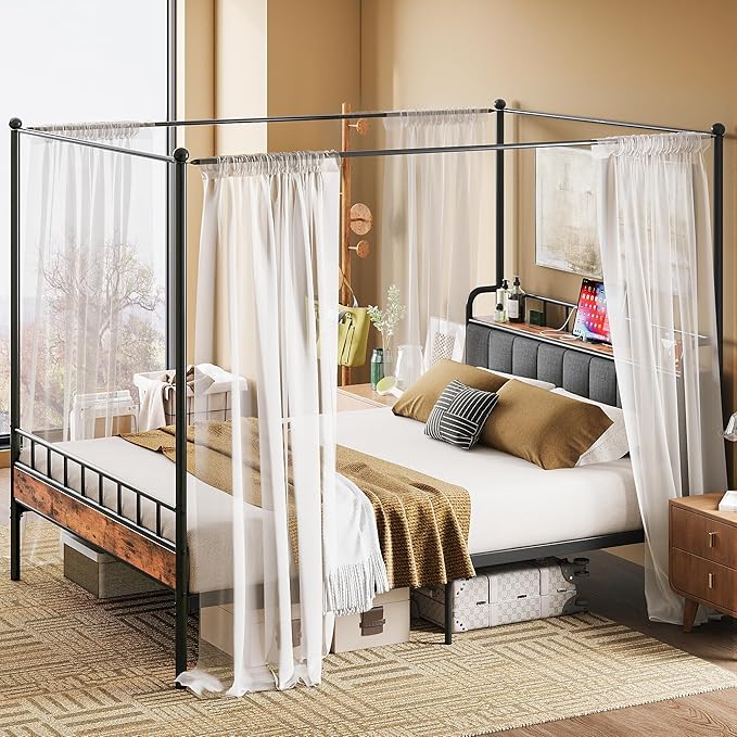 LIKIMIO Canopy Bed Frame Full, Storage Headboard with Charging Station, Platform Bed with 4 Removable Sturdy Posts, Noise Free, No Box Spring Needed, Vintage Brown