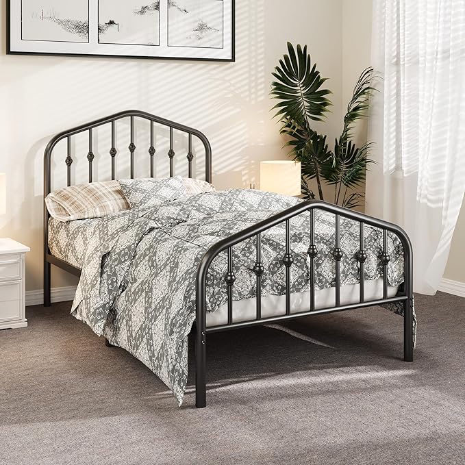 Allewie Twin Size Metal Platform Bed Frame with Vintage Headboard and Footboard, No Box Spring Needed, Easy Assembly, Black