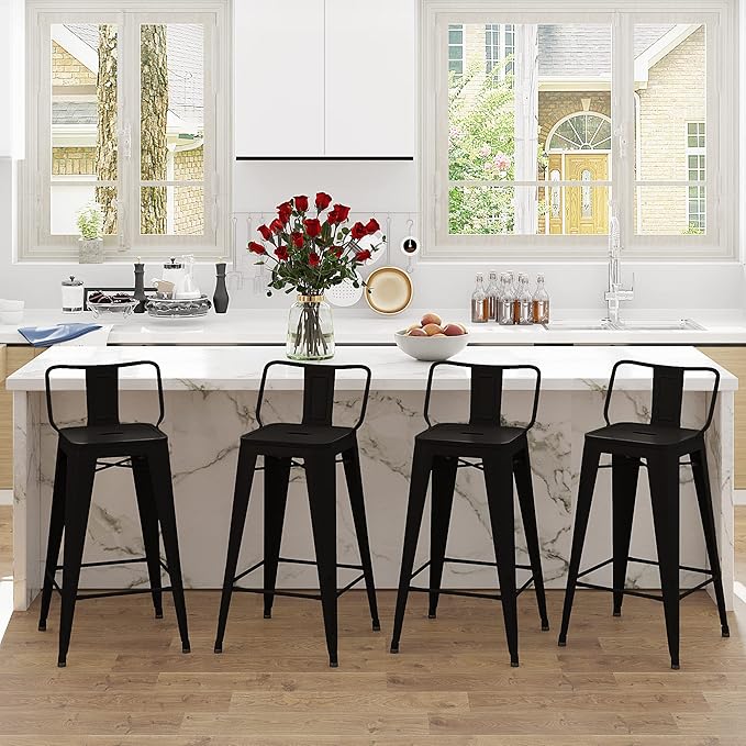 Tongli Metal Bar Stools Set of 4 Barstools Counter Height Bar Stools with Back Industrial Matte Black Bar Stool Indoor Counter Stool Kitchen Island Stools Modern Bar Chair 24 inch