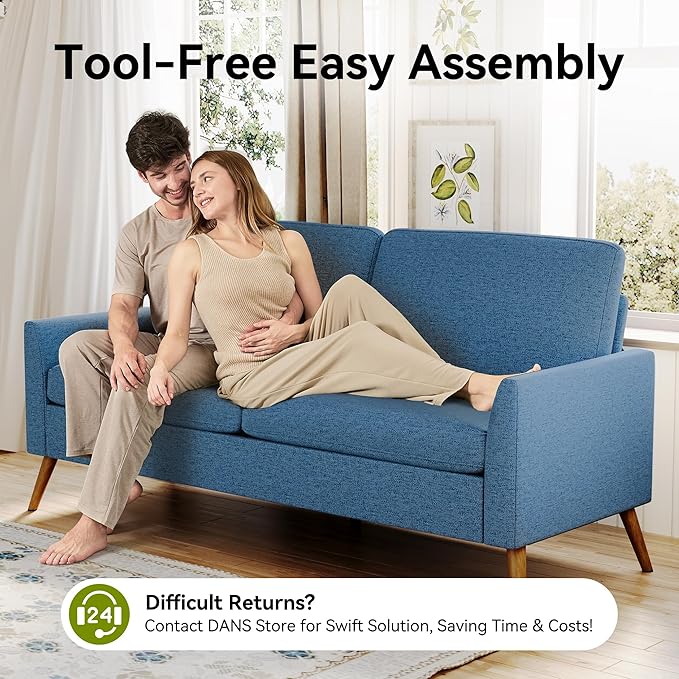68" Loveseat Sofa, Comfy Blue Linen Couches for Living Room, Mid Century Modern Love Seat Sofa, Tool-Free Setup Small Couches for Bedroom Office